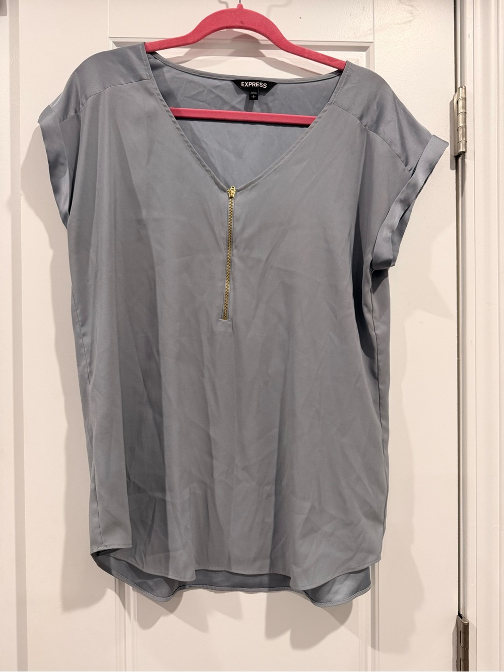 Express Light Gray V-Neck Zip Front Blouse
